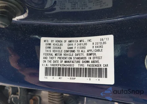 2013 Honda Accord Ex-L V-6 from USA, damaged, VIN 1HGCR3F82DA046903